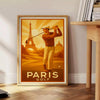 Ilustração Art Deco de golfistas em Paris com tons verdes e marrons