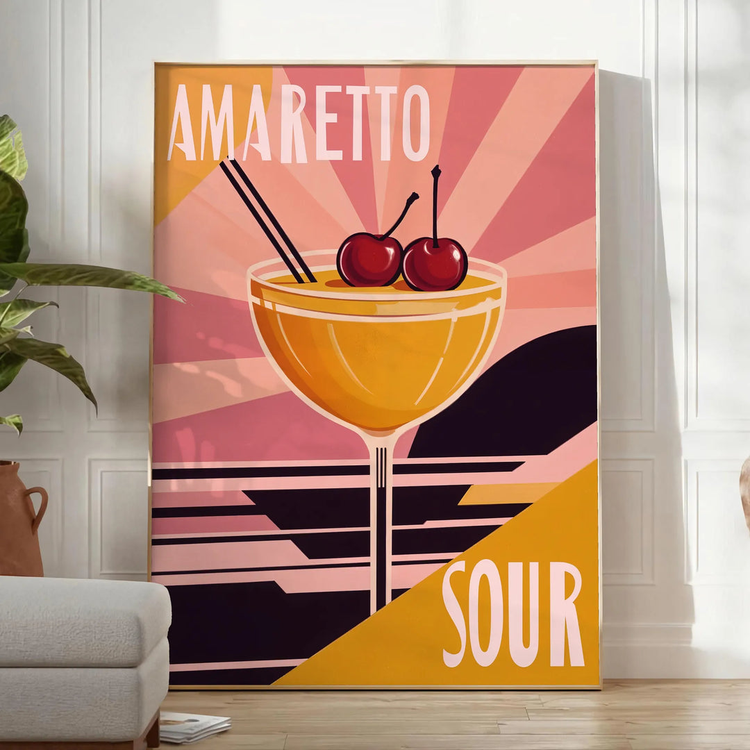 Illustration of an Amaretto Sour cocktail with orange and red hues