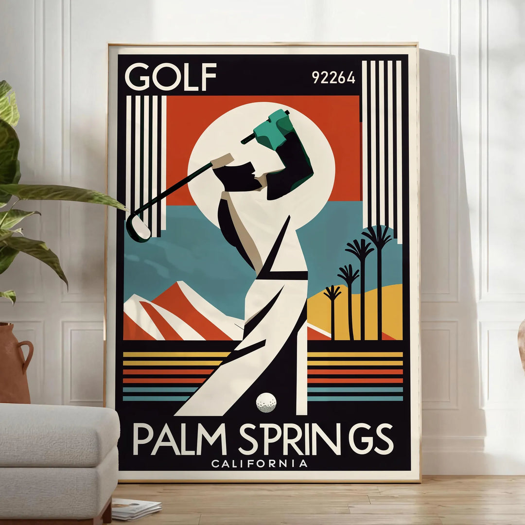 Palm Springs California golf poster featuring vintage brown and black illustration