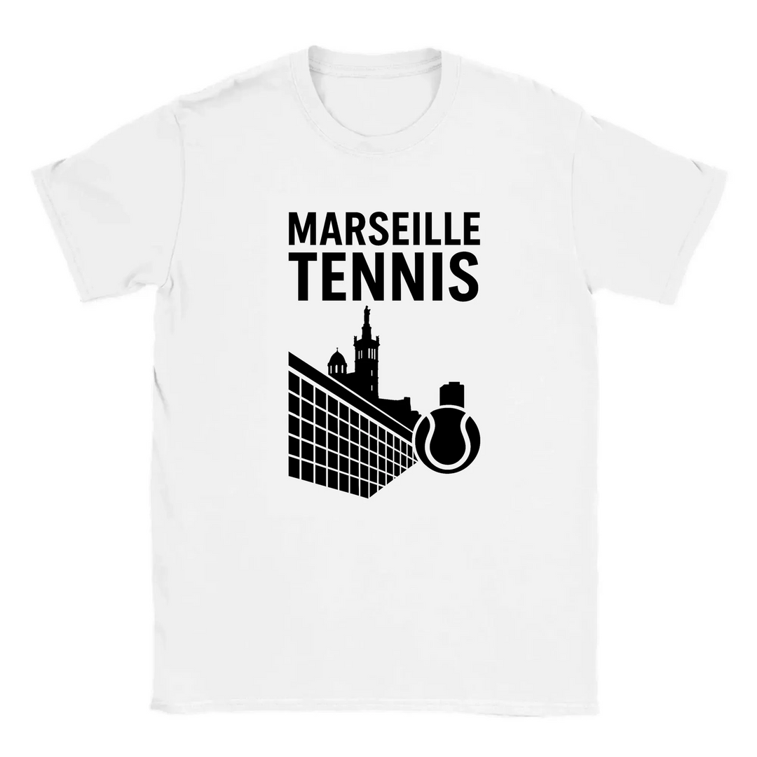 T-shirt featuring a graphic of tennis players in action with Marseille text