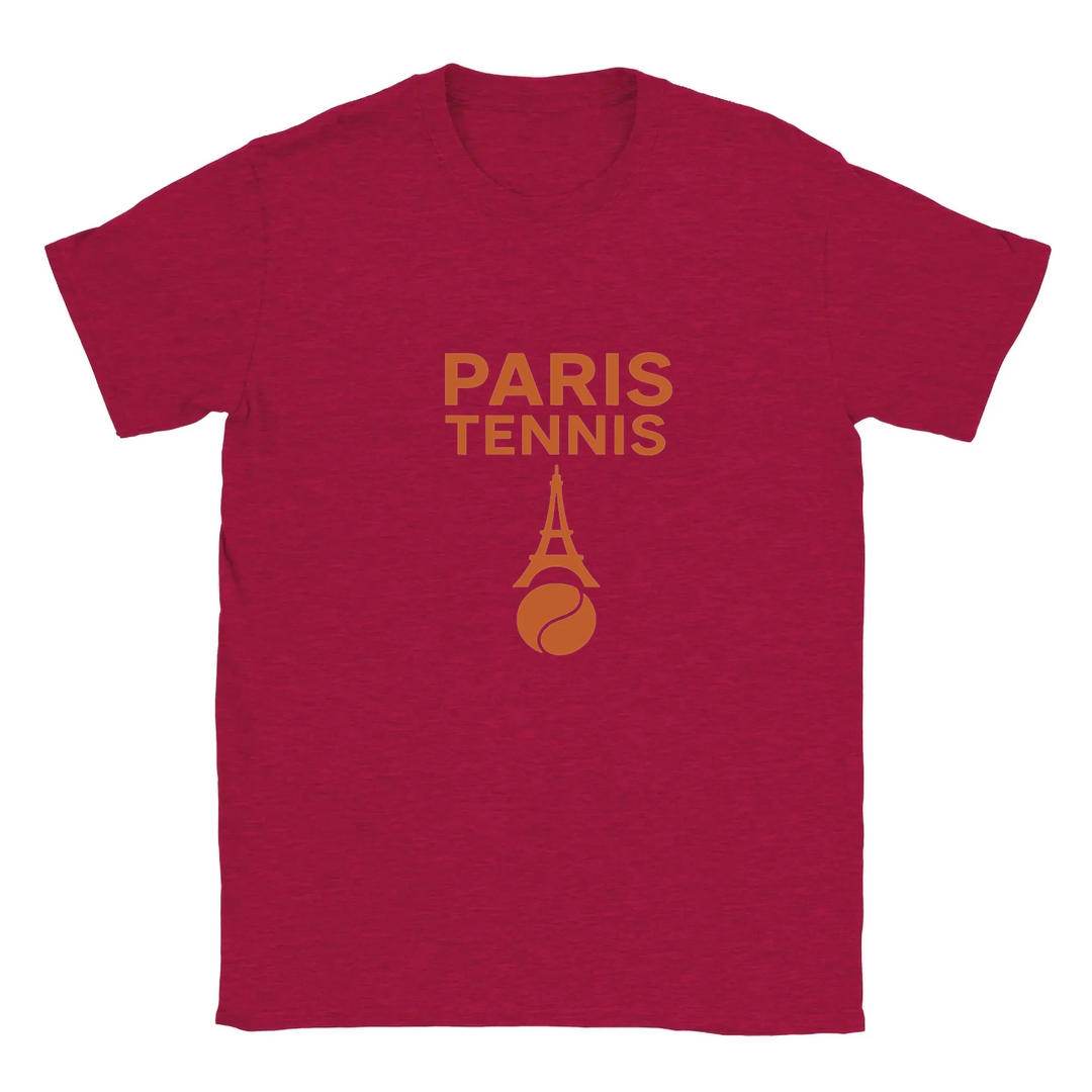 T-shirt featuring a graphic of tennis rackets and a ball with Paris landmarks