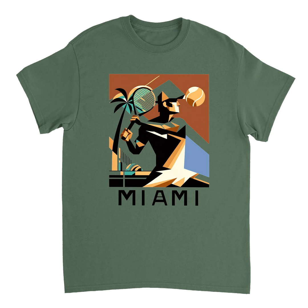 T-shirt featuring a tennis player in action against a Miami skyline
