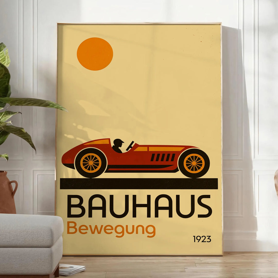 Geometric Bauhaus car design in red, brown, and green colors
