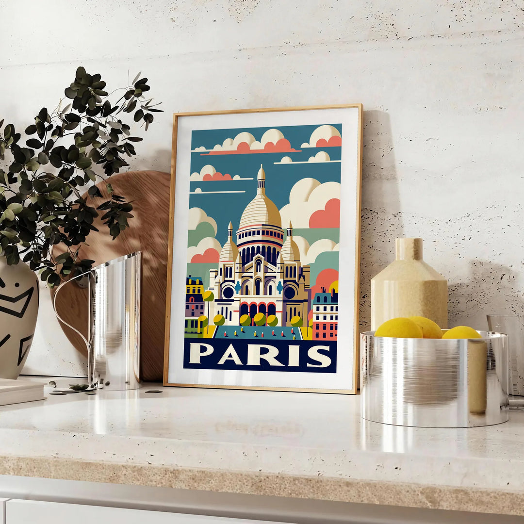 Vintage illustration of Sacré-Cœur in Paris, featuring orange and white tones