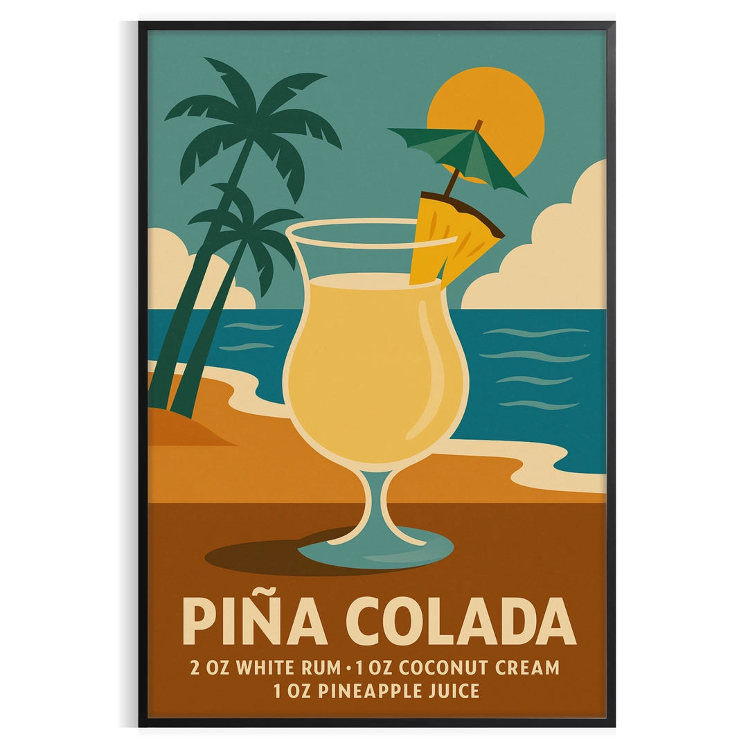 Pina Colada cocktail poster with gray and orange minimalist tropical illustration
