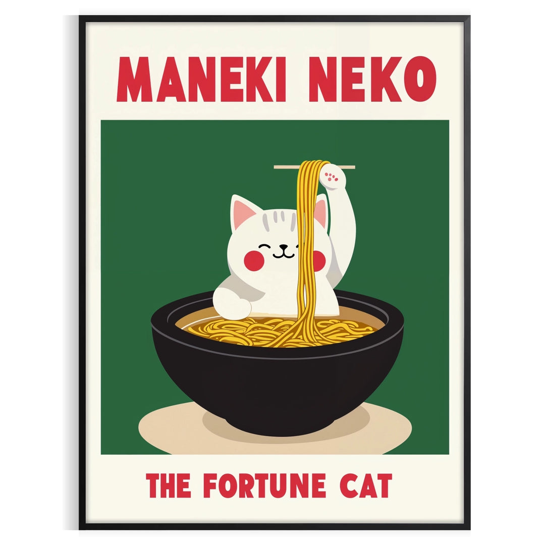 Green and gray Maneki Neko poster for kitchen, minimalist Japanese illustration