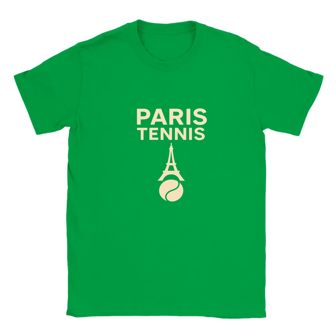 T-shirt featuring a minimalist design of the Eiffel Tower and a tennis racket
