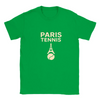 T-shirt featuring a minimalist design of the Eiffel Tower and a tennis racket