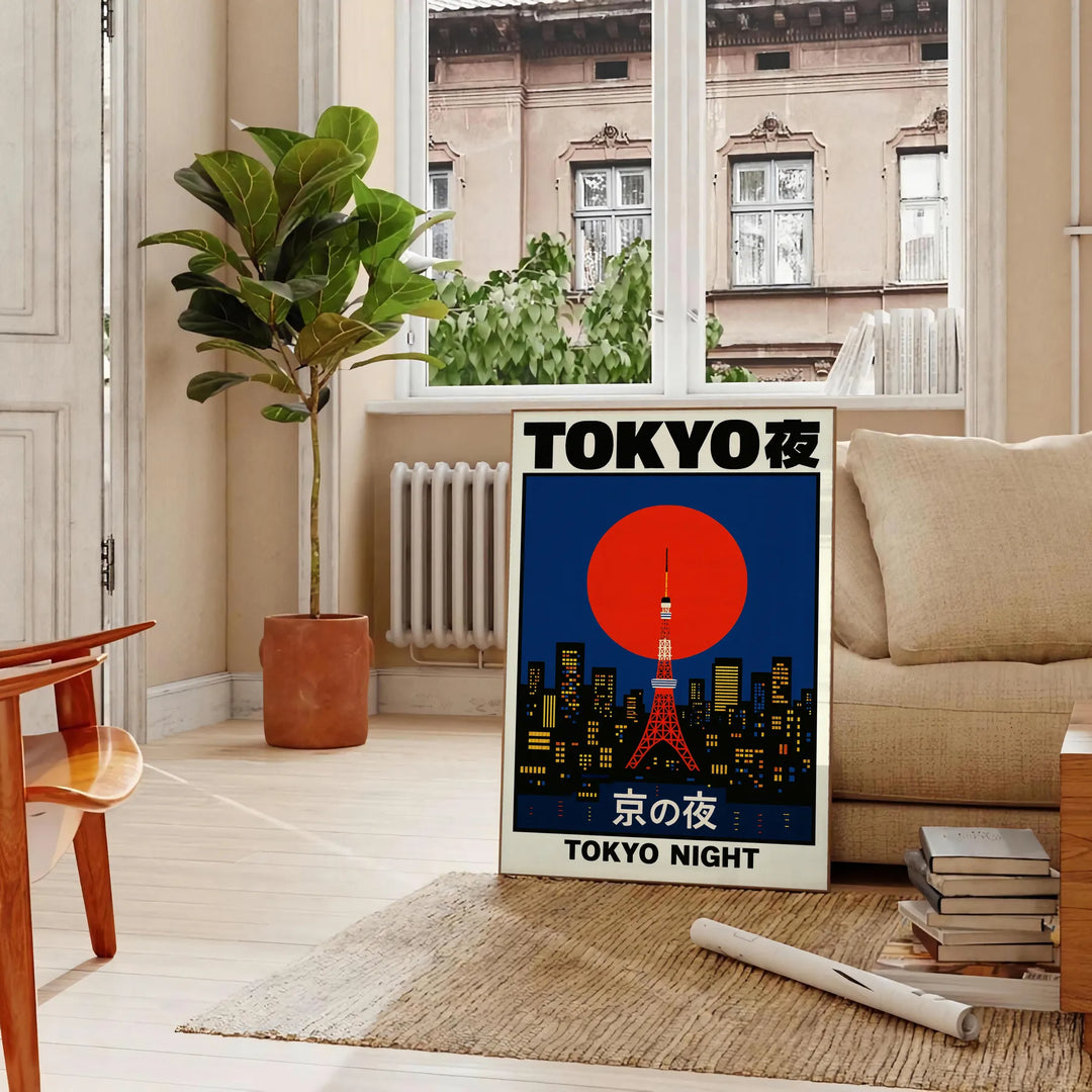 Minimalist depiction of Tokyo skyline at night with neon accents
