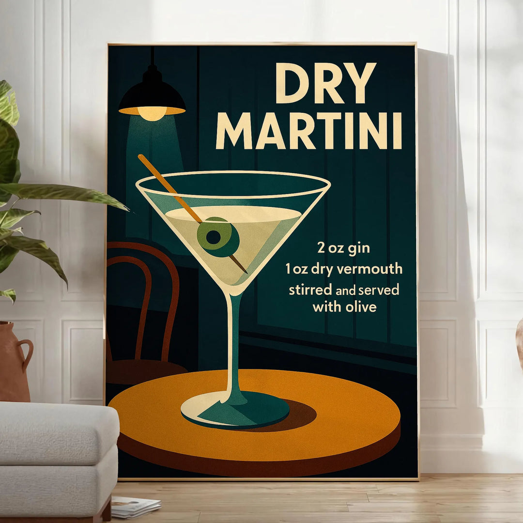 Illustration of a dry martini cocktail in a minimalist style, black and gray tones