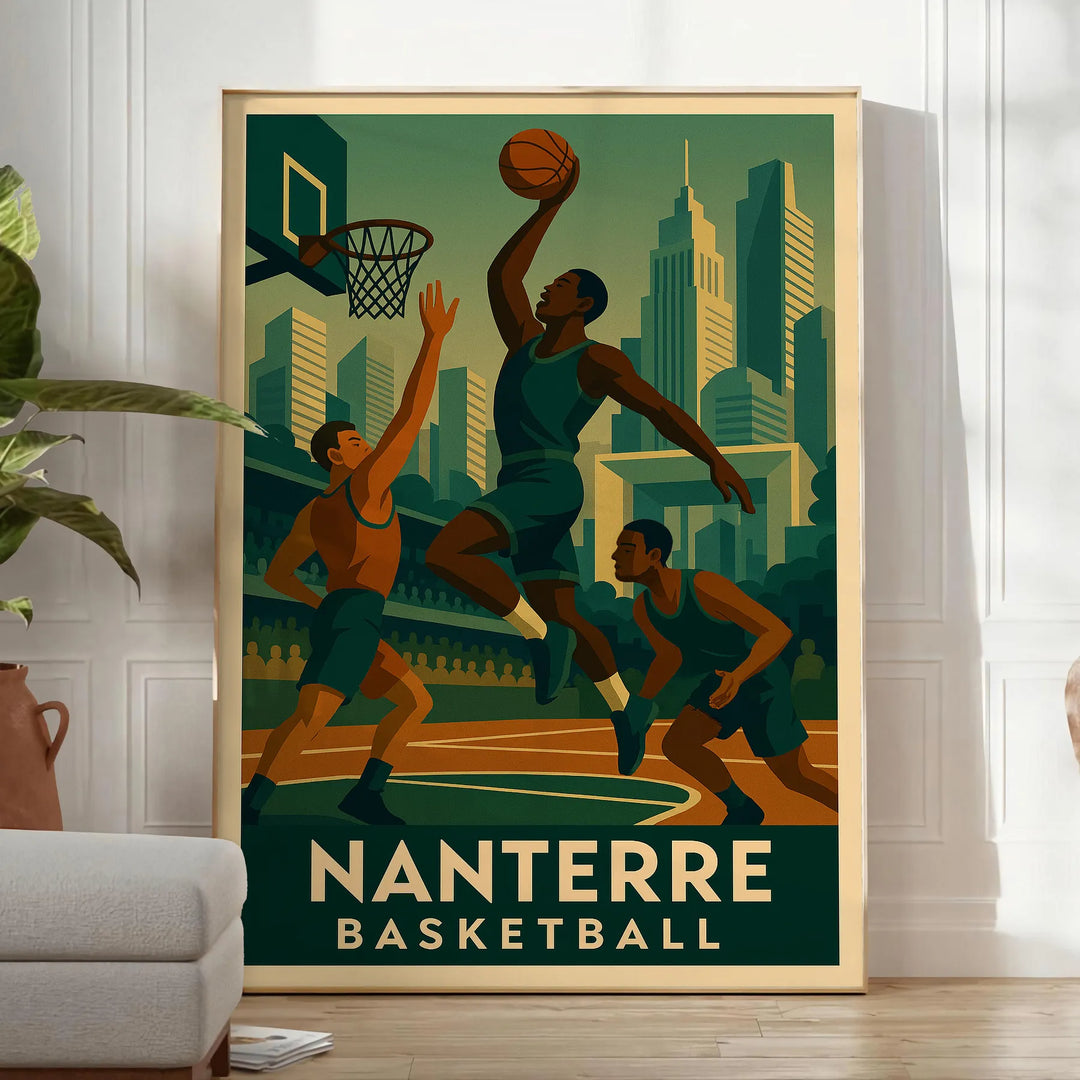 Nanterre basketball poster, vintage Art Deco style with bold graphic design