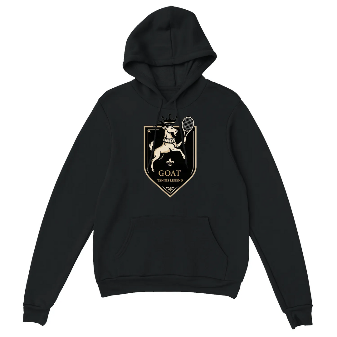 Hoodie with a graphic of a goat playing tennis, featuring bold colors
