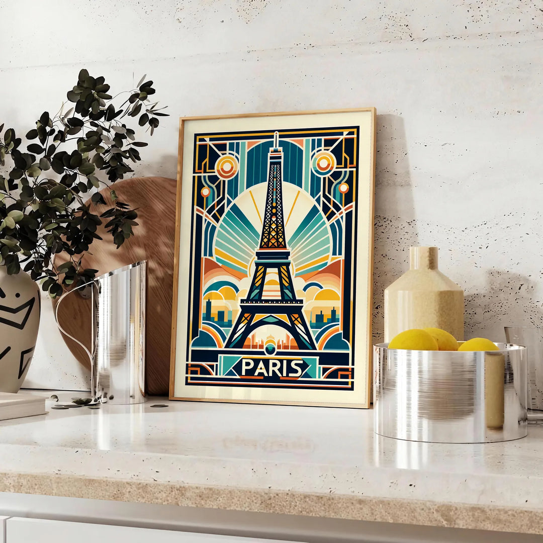 Yellow and black Art Deco Paris poster featuring stylized city silhouette