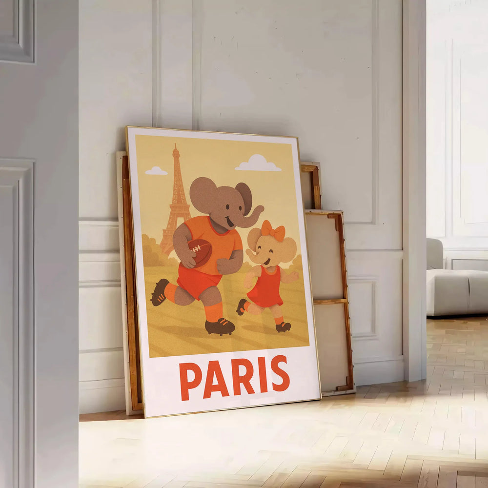 A playful elephant child playing rugby in an Art Deco style with soft vintage colors