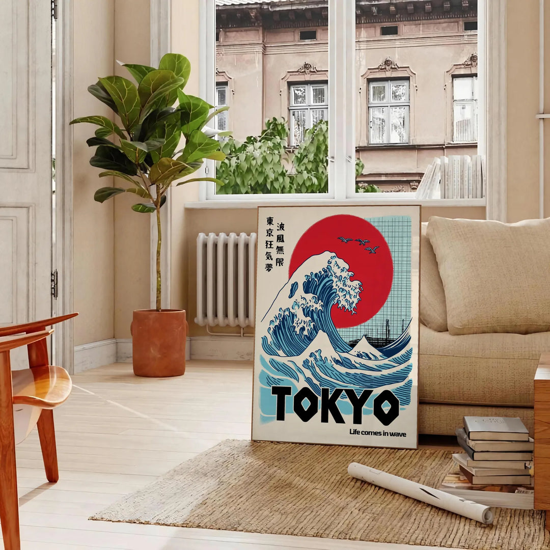 Tokyo Poster, moderne Neon-Skyline in kräftigen Blau- und Rottönen