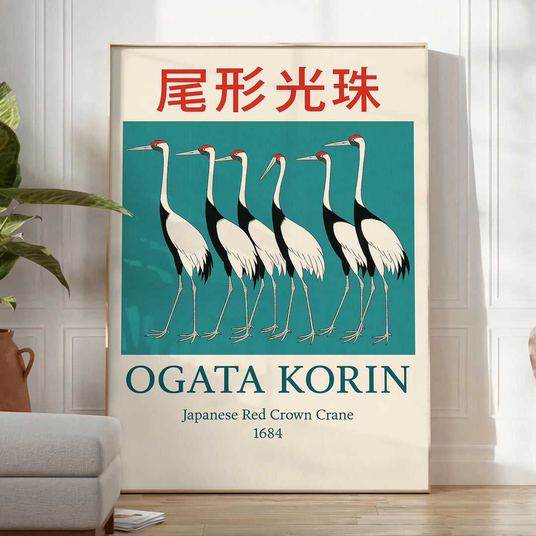 Ogata Korin poster depicting cranes in Rinpa style, blue and red