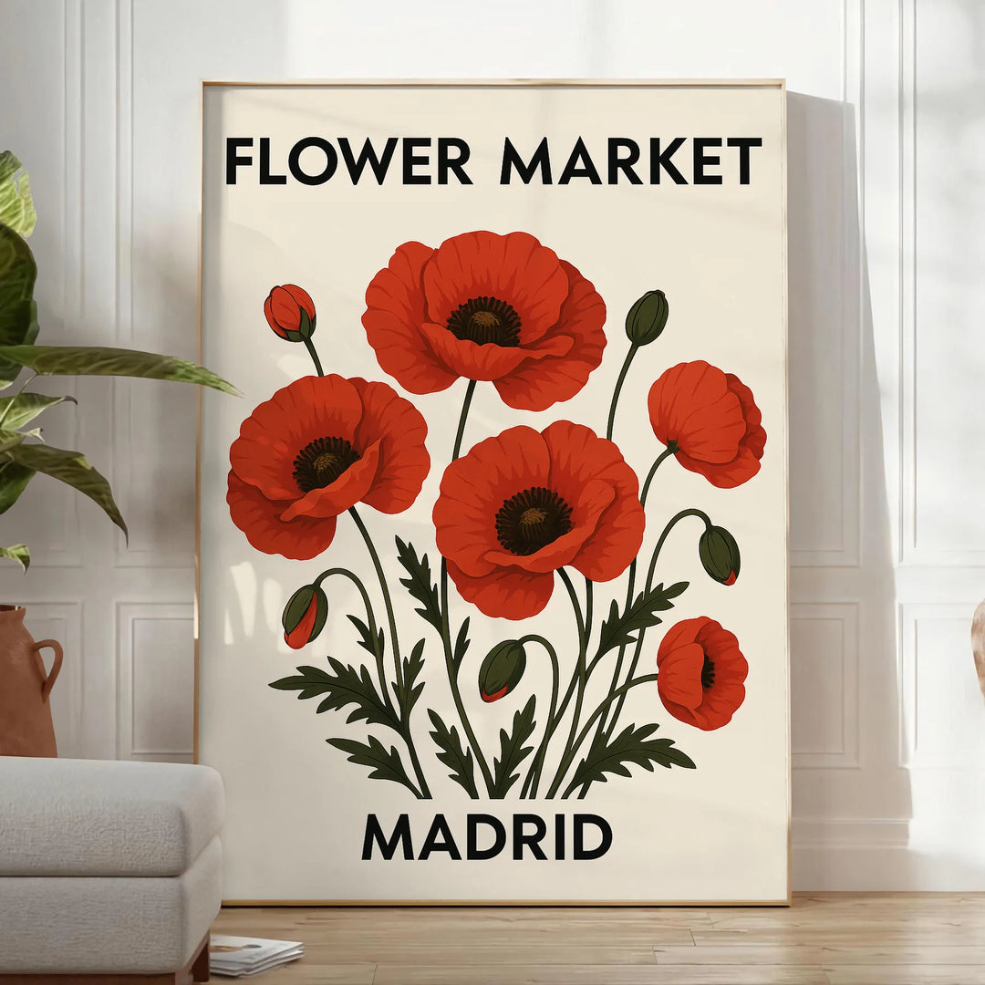 Ilustração botânica de um mercado de flores em Madrid com tons de vermelho e preto