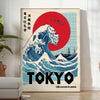 Tokyo Poster, moderne Neon-Skyline in kräftigen Blau- und Rottönen