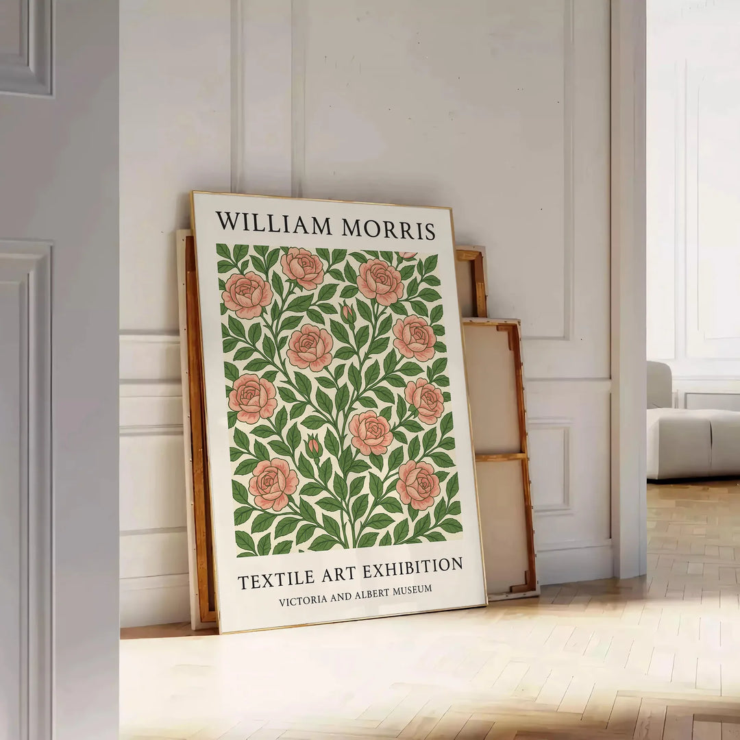 Poster showing William Morris botanical pattern in gray and orange