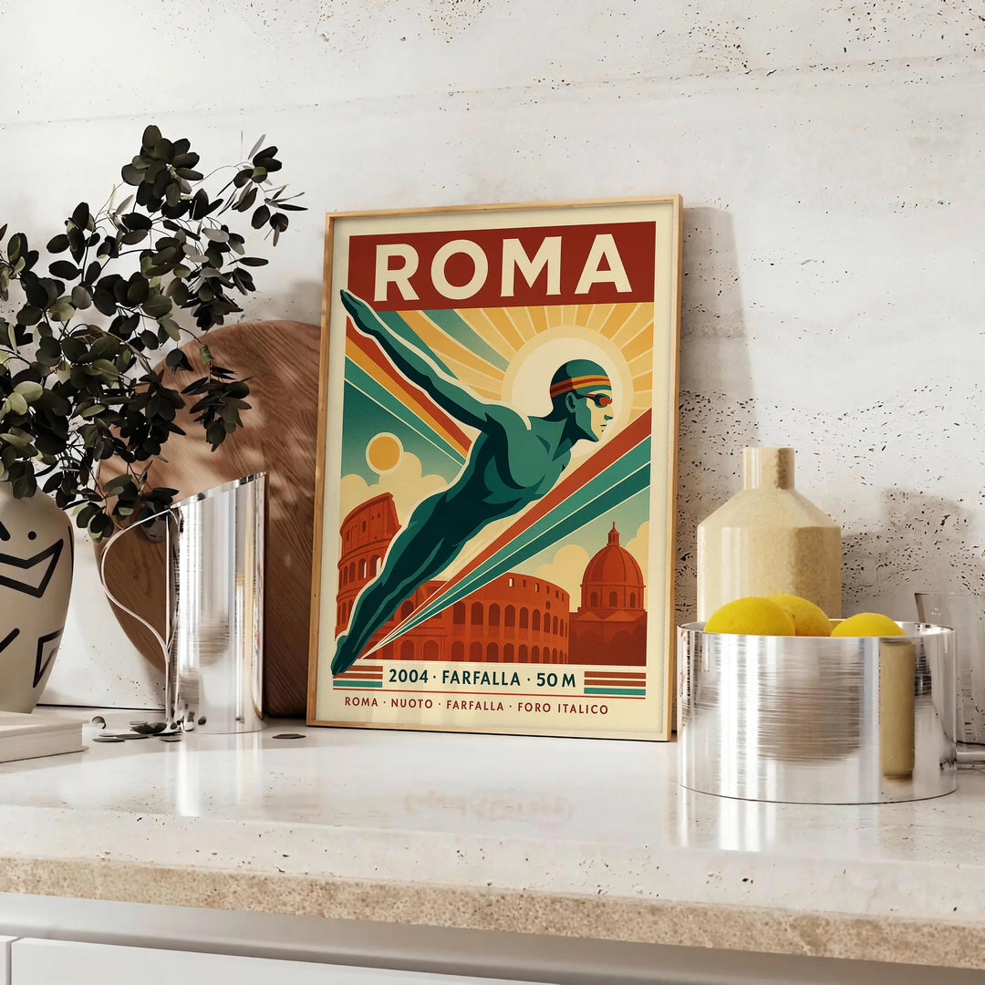 Poster of swimmers near Rome ruins in red, blue and white