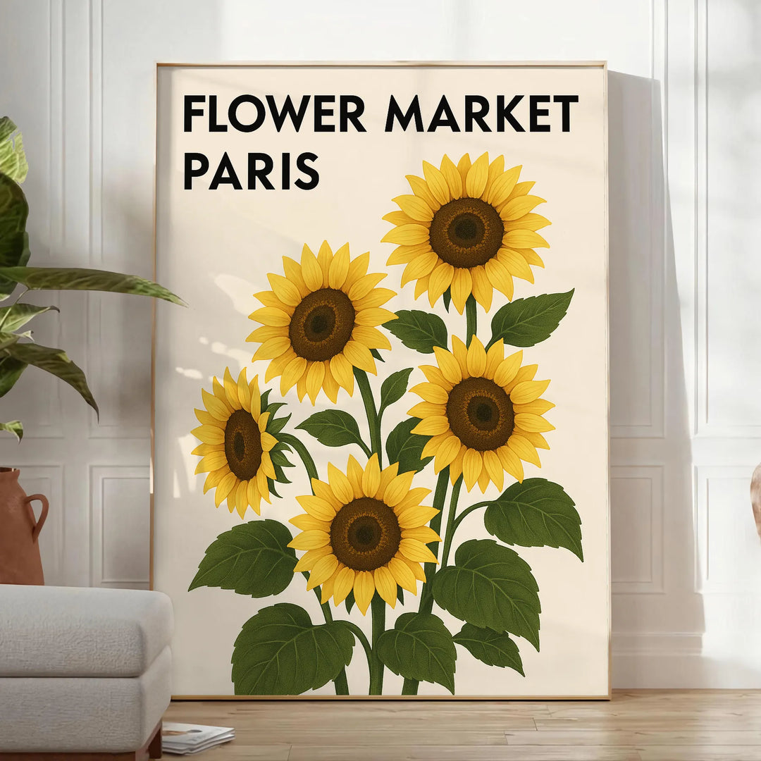 Vintage botanical Paris flower market poster in green and yellow tones