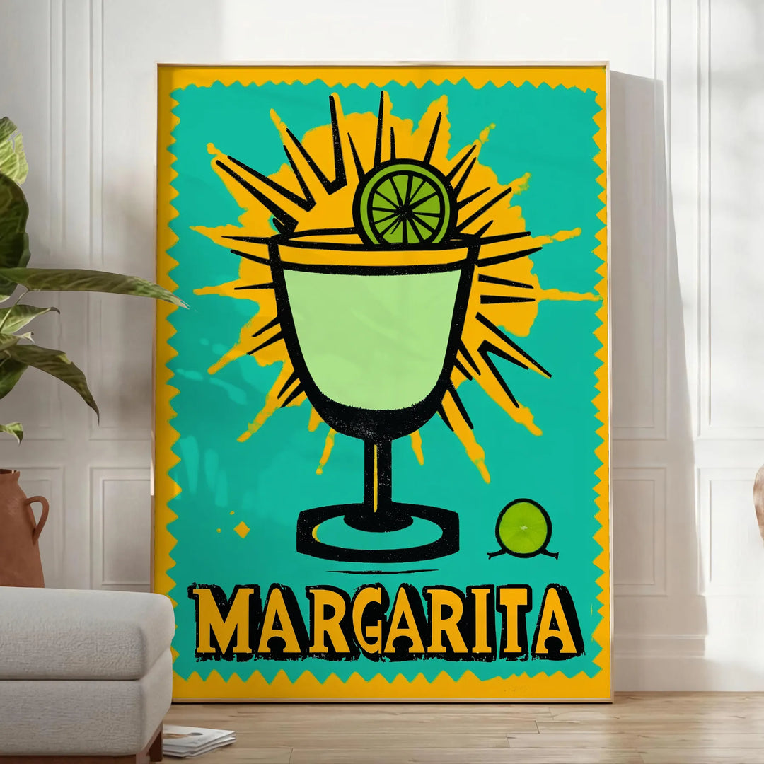 Colorful illustration of a margarita cocktail with lime and salt