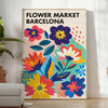 Poster del mercato dei fiori di Barcellona, illustrazione botanica blu e arancione