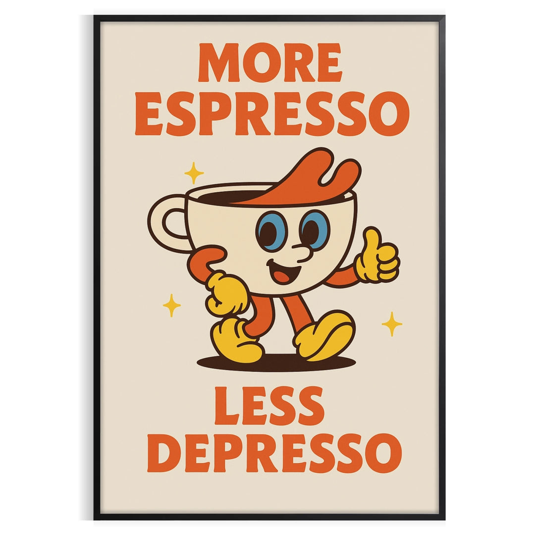 Kitchen poster featuring 'More Espresso Less Depresso' typography with a stylized eye in green-gray tones