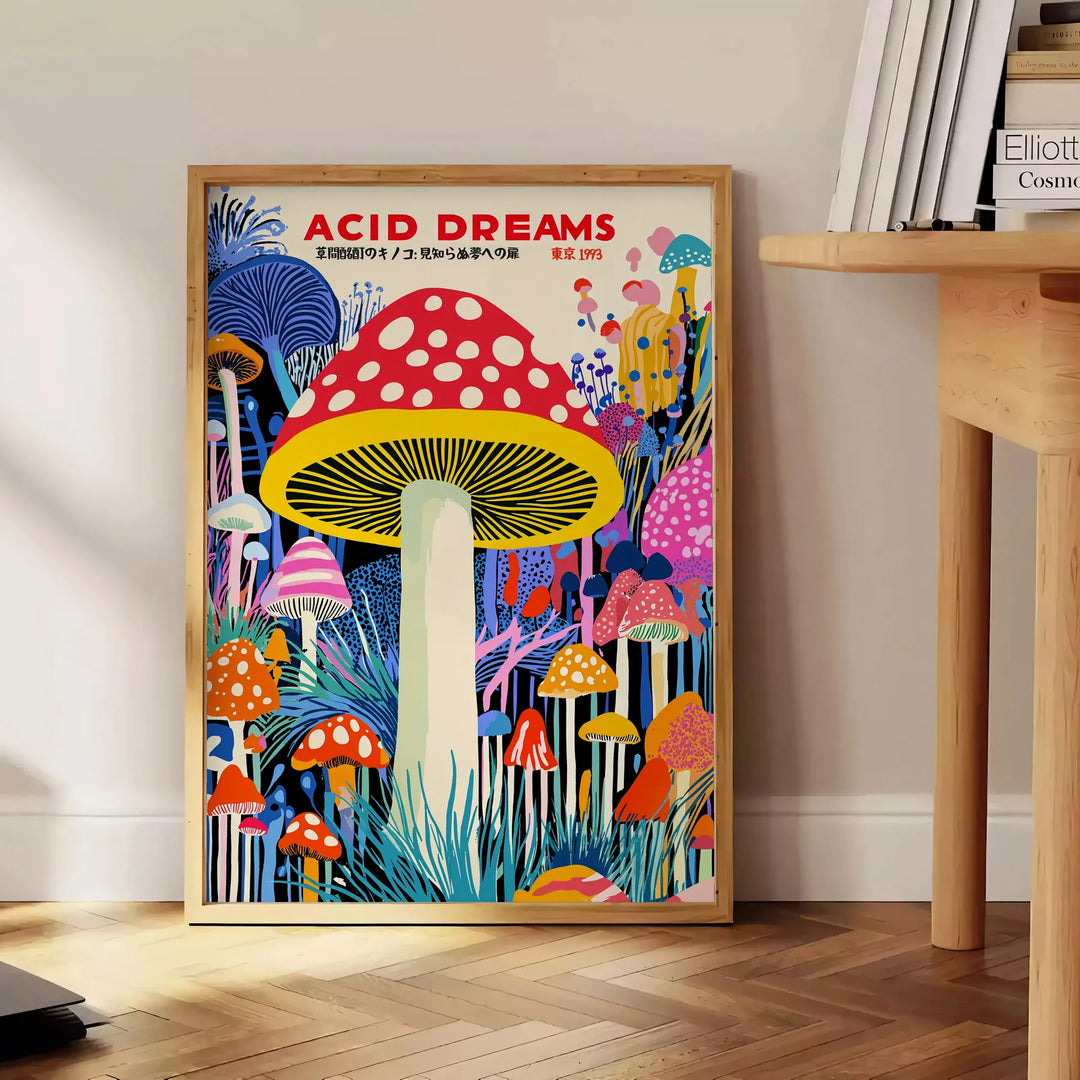 Colorful polka-dotted mushrooms in red and blue by Yayoi Kusama