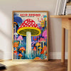Colorful polka-dotted mushrooms in red and blue by Yayoi Kusama