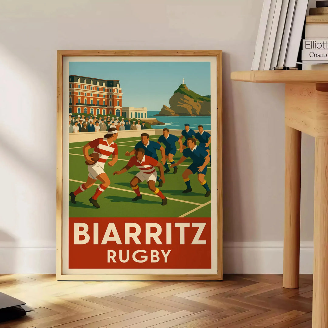 Biarritz rugby poster in vintage Art Deco style, dynamic player illustration