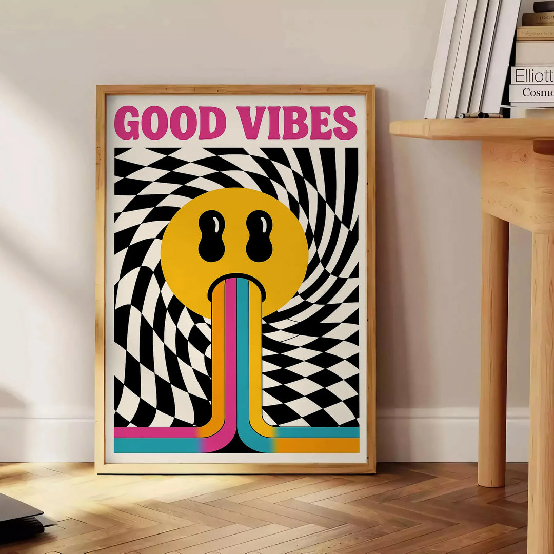 Abstrakt design i orange och vitt med texten 'Good Vibes'