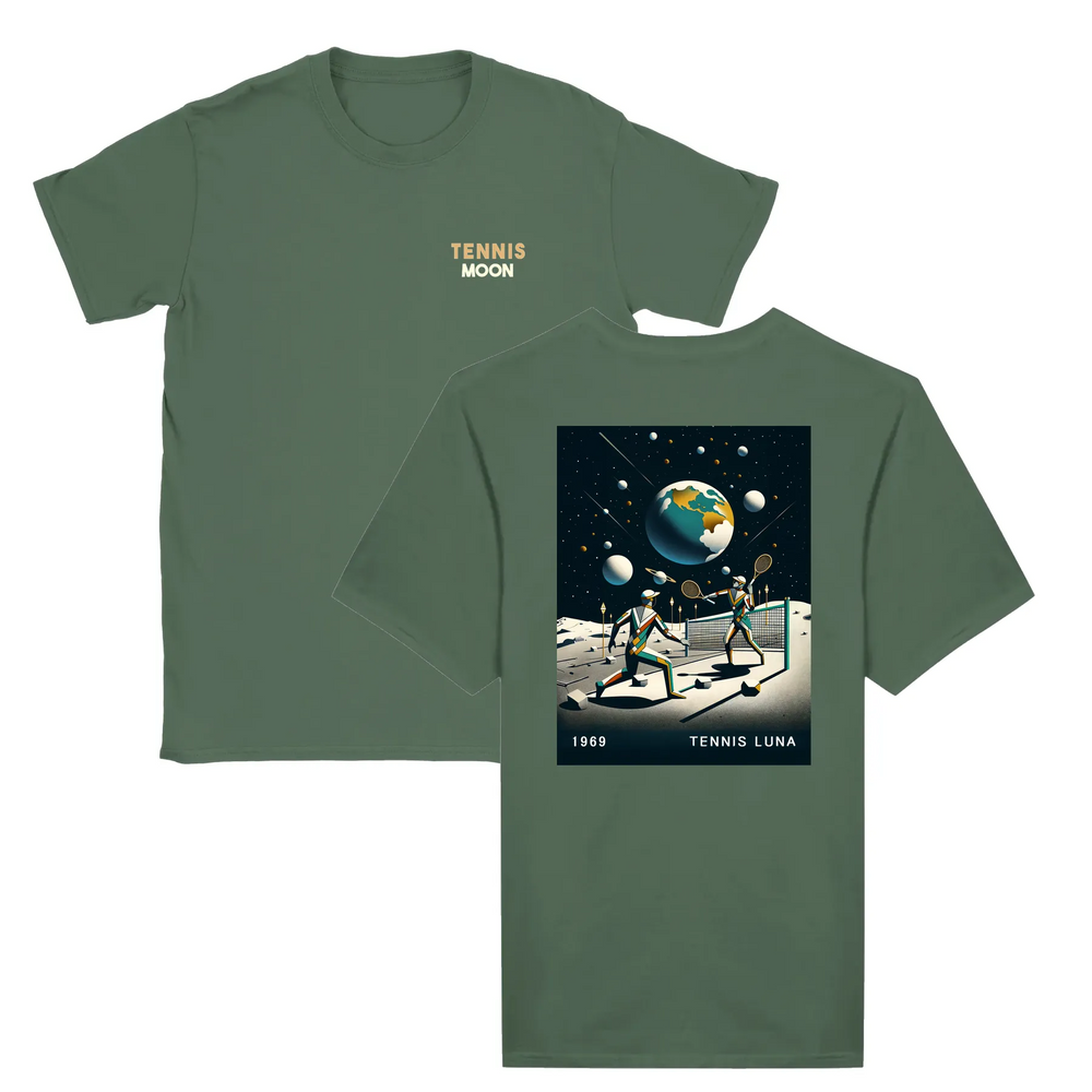 T-shirt featuring a graphic of a tennis ball and moon