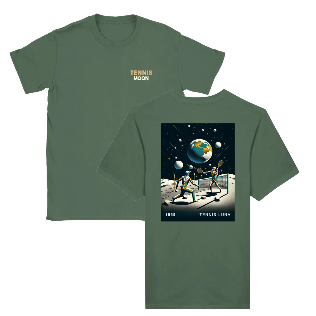 T-shirt featuring a graphic of a tennis ball and moon