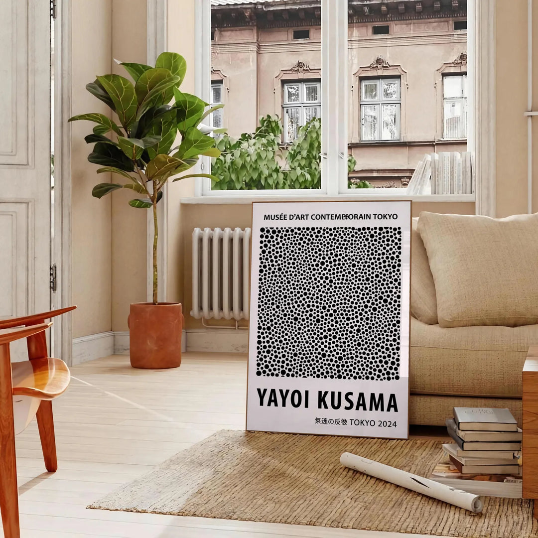 Black and white dots pattern by Yayoi Kusama in minimalist style
