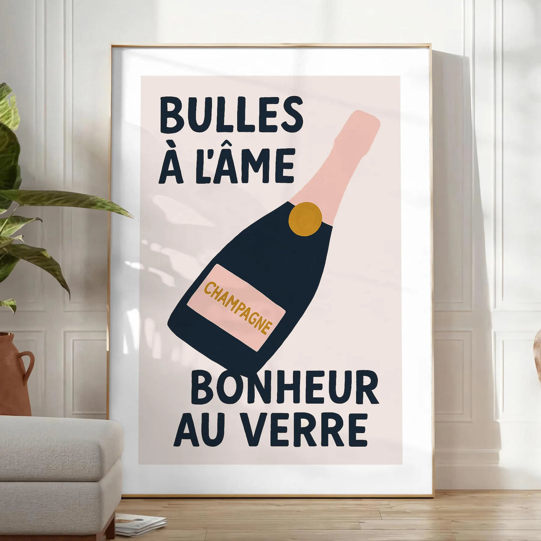 Elegant champagne bottle and glass kitchen poster in green and black