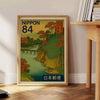 Japanese stamp-style illustration of a serene autumn river scene