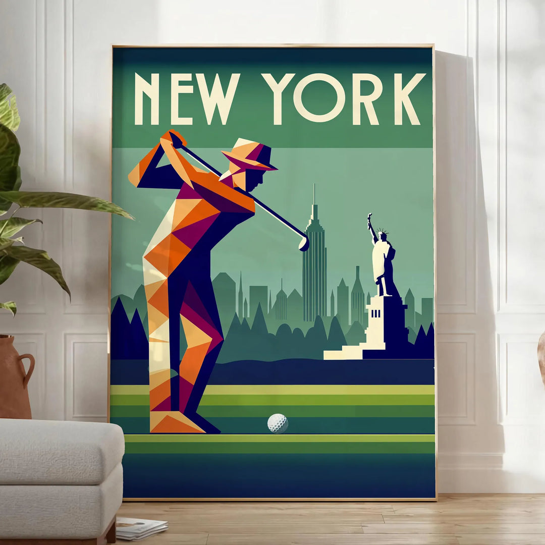 Art Deco style poster featuring a golf scene in New York with gray and brown tones