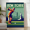 Art Deco style poster featuring a golf scene in New York with gray and brown tones