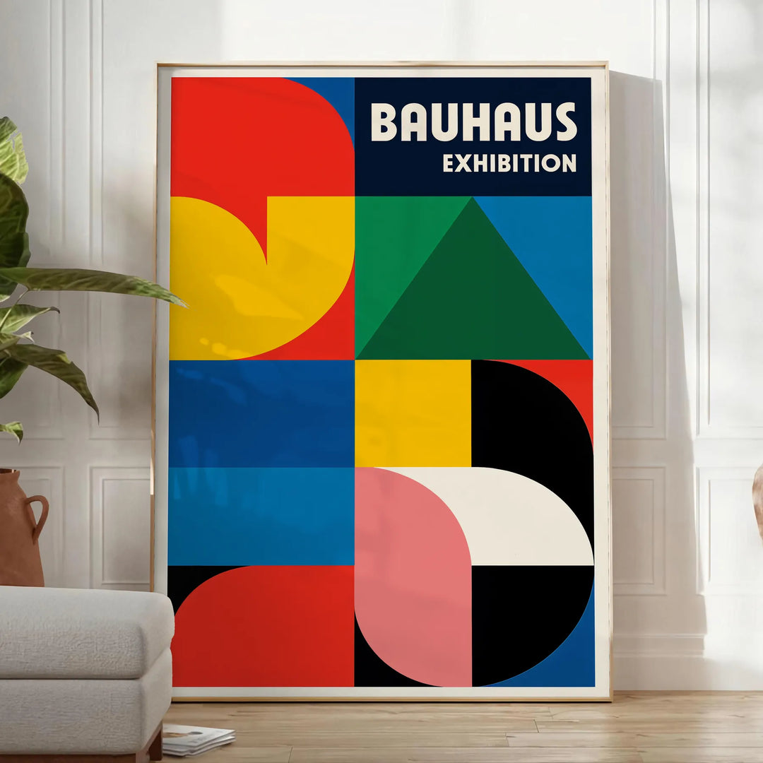 Bauhaus poster featuring blue and red geometric shapes in minimalist style