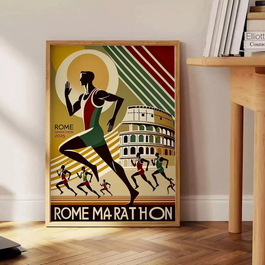 Grünes und schwarzes Rom Marathon Poster mit stilisiertem Läufer und Skyline