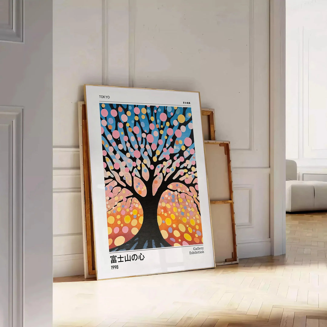 Orange and green cherry tree poster by Yayoi Kusama, bold pattern