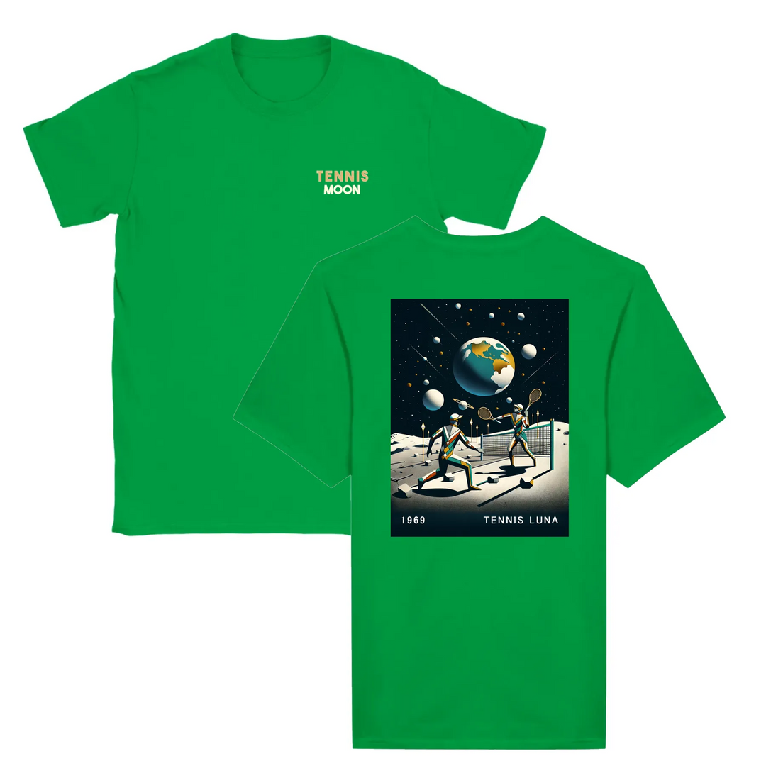 T-shirt featuring a graphic of a tennis ball and moon