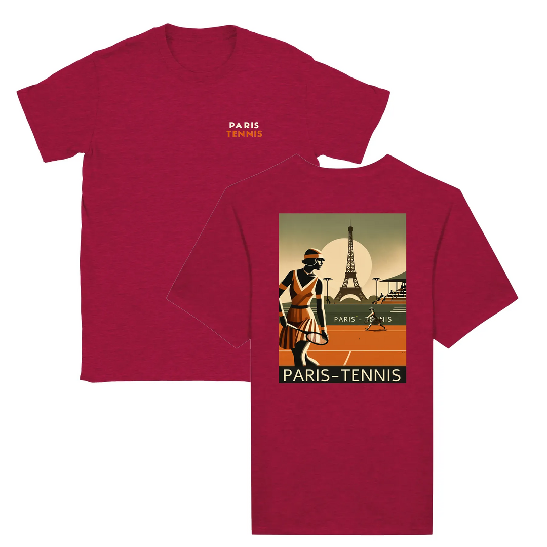 T-shirt featuring a graphic print of tennis elements and the Eiffel Tower