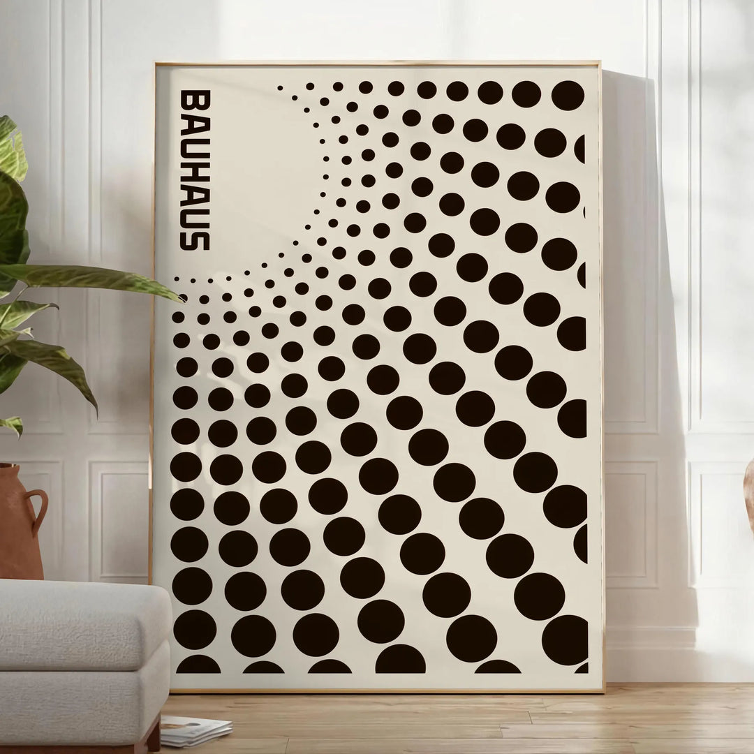 Bauhaus black circle abstract poster with gray and orange accents