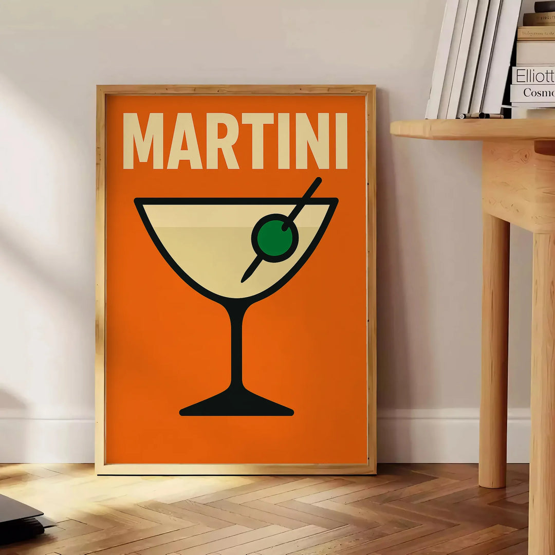Czarny i pomarańczowy plakat martini, minimalistyczna grafika koktajlu na ścianę