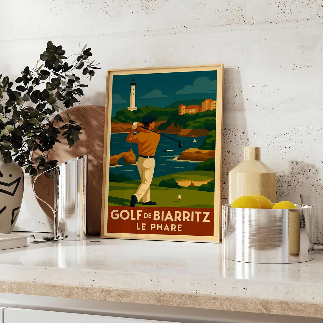 Minimalist poster of a Golf Biarritz scene in yellow and gray
