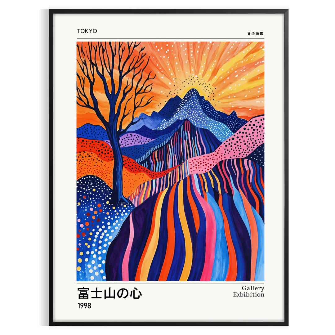 Abstract depiction of Mount Fuji with polka dots in blue and white