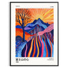 Abstract depiction of Mount Fuji with polka dots in blue and white