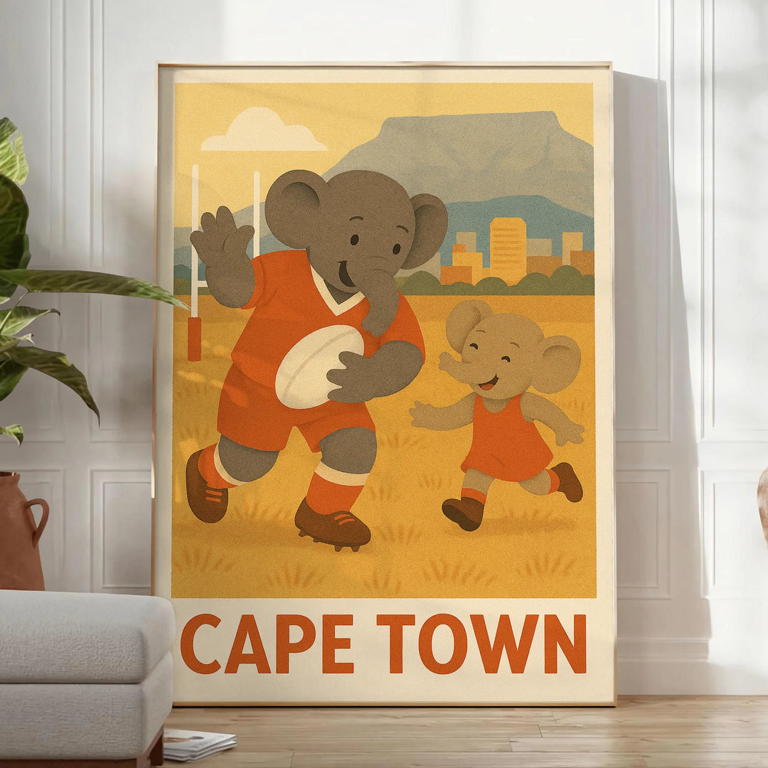 T-shirt featuring a playful elephant playing rugby in Cape Town